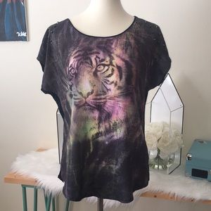 Rock & Republic Tiger Graphic Studded Hi-Lo Top XS